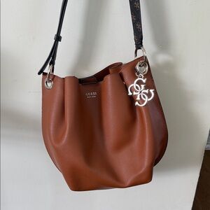 Guess Tan Leather Shoulder Bag with Silver Accents